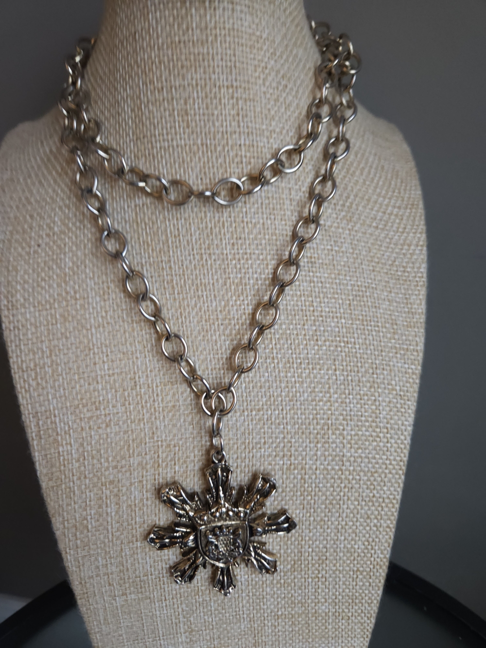 Vintage Heraldic Pendant Necklace | Crown and Shield Starburst Design | Regal He